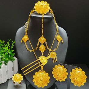 Набор из 6 предметов: позолоченные 24-каратным золотом ожерелье, серьги, кольца, браслеты, заколки для волос (Саудовская Аравия, Дубай), свадебные аксессуары в стиле Ближнего Востока и Эфиопии - Product Image 1