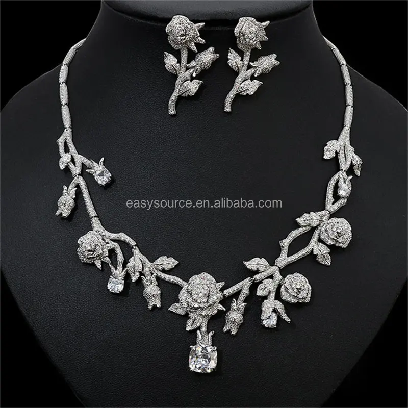 RE6277 Zirconia perlas boda joyería conjuntos mujer novia CZ collar pendientes 2 uds CZ gargantilla conjunto