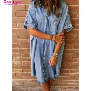 Dear-Lover Summer High Quality Women Jeans Dress Loose Medium Wash Short Sleeve Shirt Mini Denim Dress