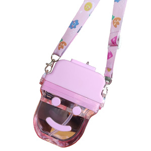 Yafchi Cartoon Ice Cream <b>Cup</b> With Straw Reusable Plastic Drinkware For Kids Back To School Portable Shoulder Strap - Product Image 4