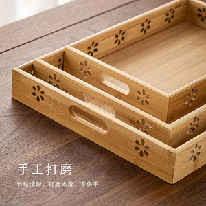 ชุดถาดสามชิ้นลายดอกพลัมทรงสี่เหลี่ยมมุมฉากพร้อมหูจับ ถาดแกะสลักสำหรับใช้ในบ้าน ถาดสี่เหลี่ยมสำหรับชาและของว่างในโรงแรม ถาดใส่ผลไม้ - Product Image 1