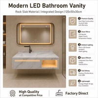 Meuble de salle de bain moderne de designer avec double vasque en marbre, lavabo en céramique blanc neige lumineux et miroir éclairé