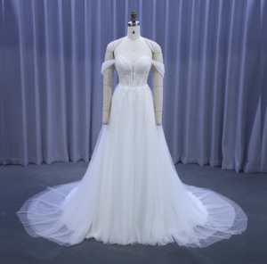 ชุดแต่งงานคอมพิวเตอร์ลูกไม้ปักไหล่ป้องกันริ้วรอยทรงเอไลน์ - Product Image 1