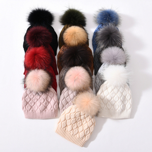 2024 <strong>Fluffy</strong> Big Real Fur Pom Pom Ball Beanie Double Layer Luxury Women Winter Ski Wholesale Wool Cashmere Knitted Beanie <strong>Hat</strong> - Product Image 4