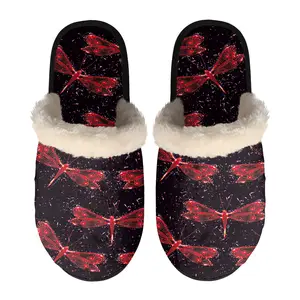 Customized logo wholesale polynesian printed fleece slipper large size ladies winter indoor flat warm house slippers for Winter