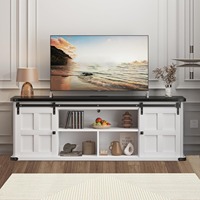 Mueble de TV de Madera Estilo Rústico con Gran Espacio de Almacenamiento para TV de 75 Pulgadas, Centro de Entretenimiento Moderno con Puertas Corredizas Tipo Granero