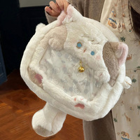 Sac à dos en peluche de coton motif chat de dessin animé avec sac à collation transparent 2D de petite capacité, style japonais JK, design mignon pour fille