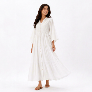 Elegante Vestido Maxi Blanco con Botones Delanteros y Volantes para Mujer, Vestido de Verano con Cuello en V y Manga Acampanada, Vestido Holgado de Playa, Vestido de Algodón al por Mayor - Product Image 1