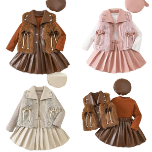 Completi Eleganti da Bambina per Autunno Inverno 2025 con Gilet in Pelliccia, Top a Maniche Lunghe, Gonne Plissettate in PU e Cappello, Set da 4 Pezzi di Abbigliamento Boutique per Bambini - Product Image 1