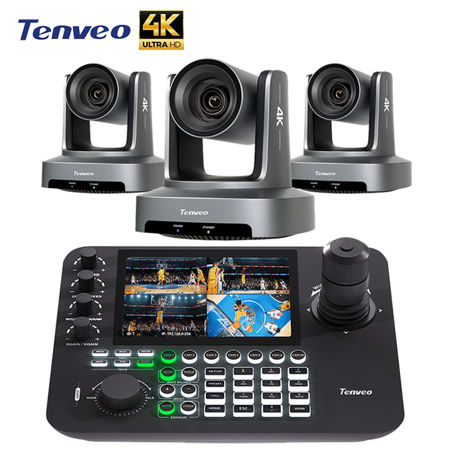 3Pcs 4K NDI 20X Optical Zoom VIdeo Live System AI Auto Tracking POE PTZ Camera 4K with Joystick Controller for Large Events