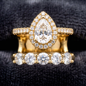 Conjunto nupcial de tres piezas con halo de peras de 1.30 CTS, anillo de compromiso y boda de diamante cultivado en laboratorio de lujo, oro de 14 quilates, joyería personalizada OEM. - Product Image 1