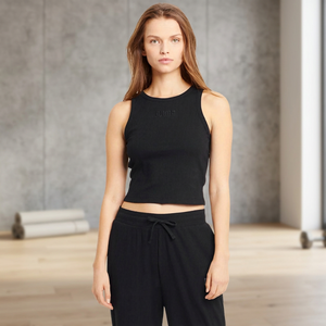 Women's Black Ribbed <b>Cropped</b> Tank <b>Top</b> Crew Neck Sleeveless Minimalist Style Knitted Spandex Cotton Blend Breathable Fit - Product Image 2