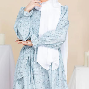 Vestido Largo Elegante Personalizado Leduo, Color Azul Claro, con Estampado Floral, Mangas Abullonadas y Hiyab a Juego, Abaya para Mujeres Musulmanas - Product Image 1