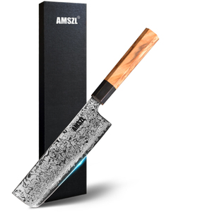 Amszl 7 inch chuyên nghiệp Nhật Bản Nakiri thép carbon Damascus thép usuba Rau ô liu gỗ xử lý 60-62 HRC Ambidextrous - Product Image 1