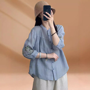 Chinese Style Embroidered Shirt Women Linen Three Quarter Sleeve Loose Fit Everyday Wear Green - Product Image 2