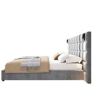 Modern King Bed with Reading Lamp &amp; <strong>USB</strong> <strong>Port</strong> <strong>Upholstered</strong> Wide <strong>Headboard</strong> in Grey Smart Bed Design - Product Image 3