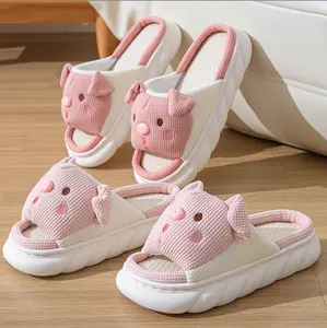 4 Season House Cute Cartoon Animal Linen Women Girl Milk Pig Slippers