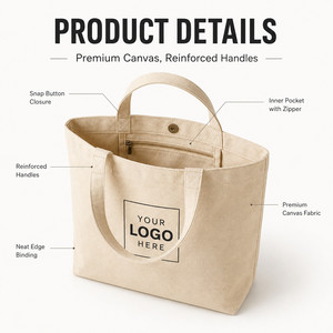 Custom Logo Cotton <b>Canvas</b> Tote Bag with Inner Zipper Pocket Reinforced Handles and Multiple Sizes for Daily Shopping - Product Image 2