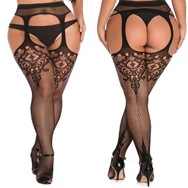 Factory Price Thigh High Large Lady Integrated Garter Belt Stockings, Stretch Sexy Fishnet Women Open Crotch Plus Size Stockings