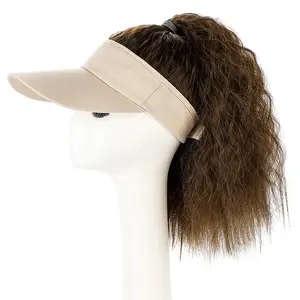 Topi Visor Matahari Musim Panas Ikal Panjang, Topi Olahraga Pantai Golf Luar Ruangan Lari, Wig Sintetis Ekor Kuda Panjang untuk Wanita dengan Topi