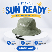 Chapeau de pêche pliable en coton délavé vert avec sangle de menton réglable, broderie personnalisée en écriture cursive et large bord anti-UV