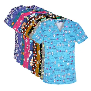 Hospital Uniforms Men And Women T-shirt Nurse Medical Scrubs Comfortable Medical Uniform Printed Scrubs Colorful Pattern