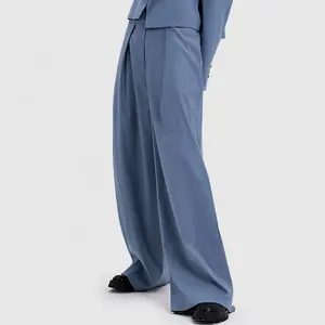 Celana panjang kaki lebar wanita, bawahan Formal longgar kasual biru panjang desain saku kualitas tinggi