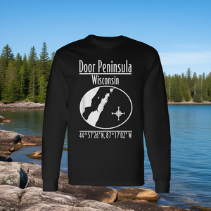Camiseta de manga larga Door Peninsula Wisconsin con diseño geográfico, coordenadas 4457'26"N 8717'02"W - Product Image 3