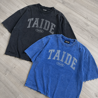 T-shirt universitaire TaiDe certifié BSCI 280GSM, délavé à l'acide, avec badge, ourlet brut vieilli, bicolore, logo personnalisé, OEM ODM, vente en gros pour hommes