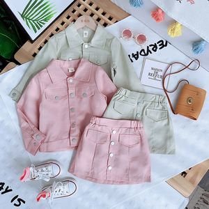 2021New Collectie Kids Meisje Pak Turn Down Kraag Roze Pocket Knoppen Jas + Bijpassende Rok Kinderen Meisje Outdoor Kleding Set