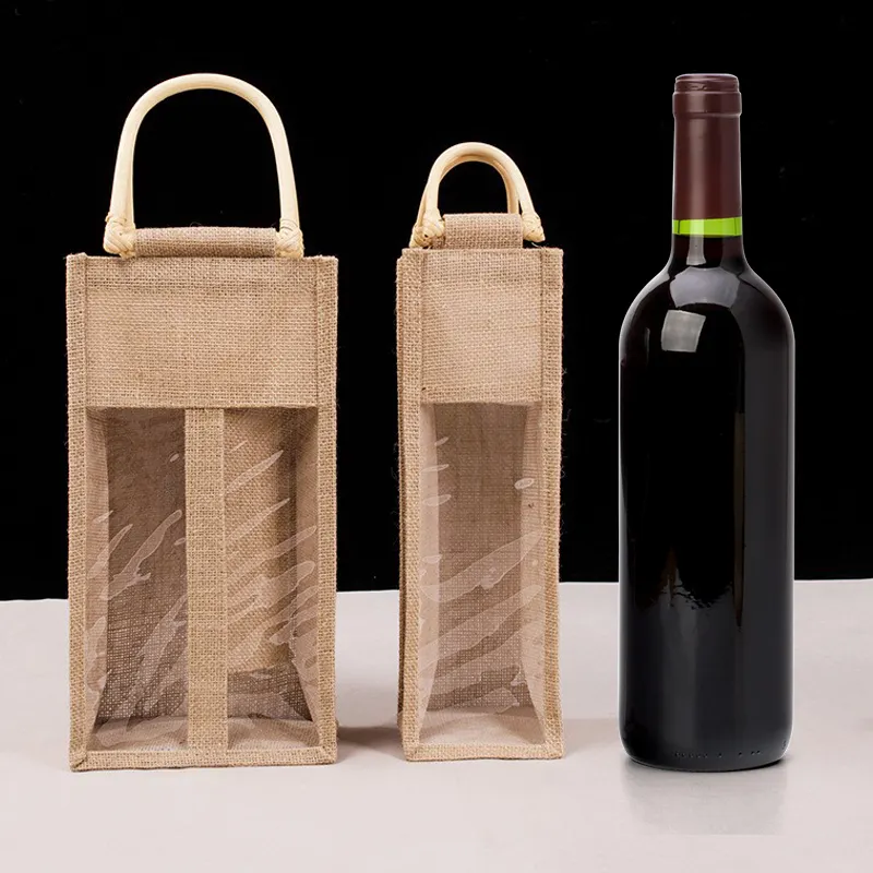 Bolsa portabotellas de vino vertical doble individual promocional reutilizable de yute respetuoso con el medio ambiente con logotipo personalizado con ventana