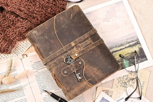 Vintage Leather Grimoire Journal with Skeleton Key Lock Handmade Deckle Edge Book of Shadows, Antique Spell Writing Notebooks - Product Image 5