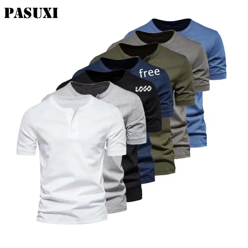 PASUXIニューデザインヘンリーシャツ半袖品質コットンルーズフィットドロップショルダーブランク特大メンズTシャツ
