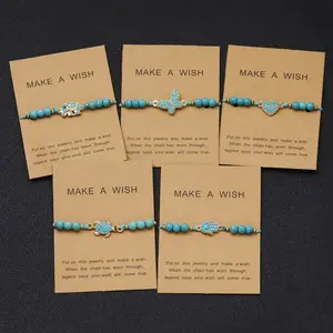 Hot Style Make a Wish Carte personnalisable Bracelet suspendu tissé réglable Éléphant Tortue Turquoise