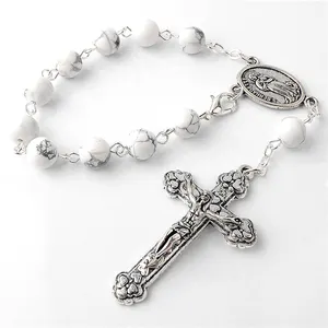 Religious items small bracelets 8mm Natural White turquoise Stone beads catholic one decade car rosary with Lourdes center piece