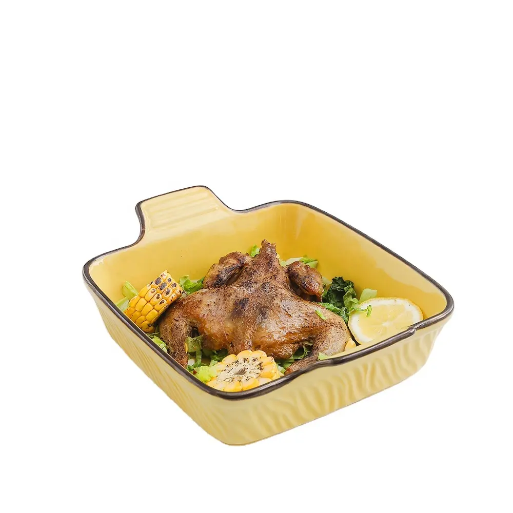 Plato de cerámica cuadrado para hornear, accesorio con Mango antideslizante, con relieve de olas para cocinar