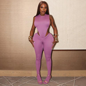 ชุดเซ็ตใหม่มาแรงสำหรับผู้หญิง เสื้อบอดี้สูทคอกลมแขนกุด กางเกงรัดรูปเอวกลาง ชุดเซ็กซี่สองชิ้น - Product Image 1