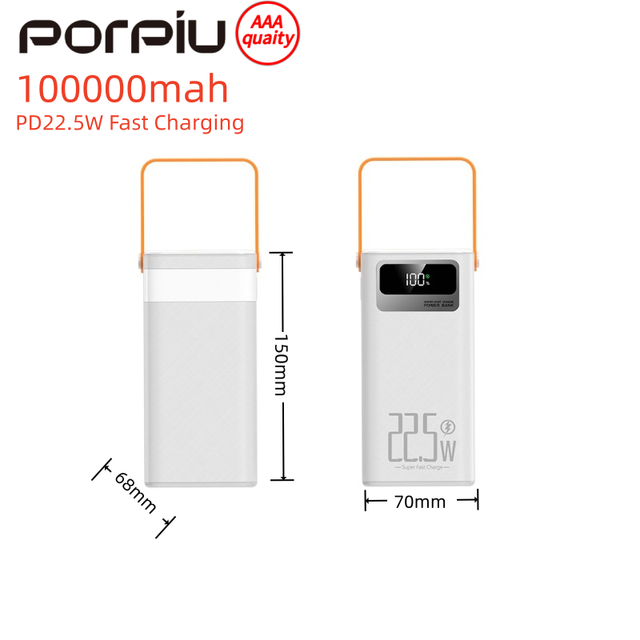 High Capacity 100000mAh Power Bank Factory Wholesale Fast Charging Micro USB Input 22.5W Output Built-In Display Li-Polymer