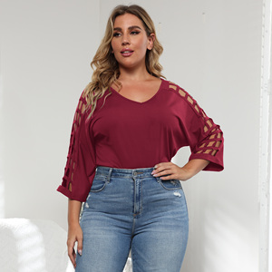 Camisetas Holgadas de Talla Grande para <span class=keywords><strong>Mujer</strong></span>, Cuello en V, Color Sólido Informal, Manga Murciélago, Caladas, para Otoño - Product Image 5