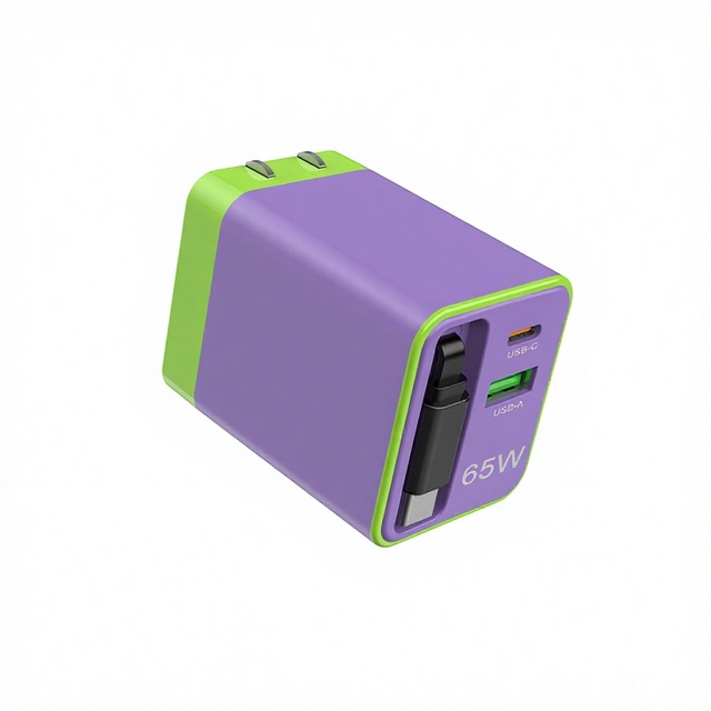 TKT Dual 65W 100W Fast Charger Retractable Type-C Data Cable Customizable Color USBA+C USB Wall Charger QC3.0 PD EVA Phone Use