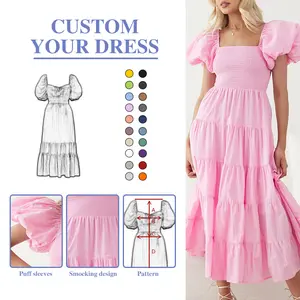 OEM Custom Kleid Kleine MOQ Lady Eine Linie Vestidos Luxus kleidung Baumwolle Rüschen Kleider Elegante Frauen Sommer Casual Maxi kleider