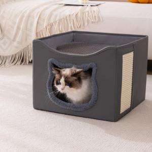 Modernes Quadratisches Faltbares Katzen-Etagenbett Stoff-Höhlen-Design für Mehrere Katzen Wohnzimmer Küche/Badezimmer Nutzung Langlebige Kindermöbel - Product Image 2