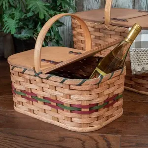 手工编织野餐篮木屑篮，带木盖和织物衬里储物篮