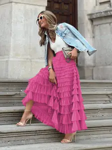 C KLEIDUNG elegantes Rüschenkleid langes Maxi-Tülle-Smoken süßes plissiertes Kleid für Damen