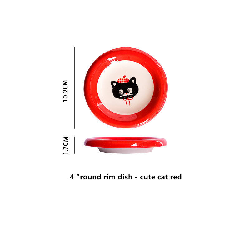 Red 4 "round rim dish - Cute cat