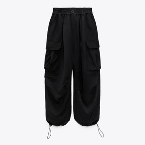 Pantalons cargo évasés à taille haute élastique pour femmes de haute qualité, mélange de lin, multi-poches, style sportif - Product Image 1