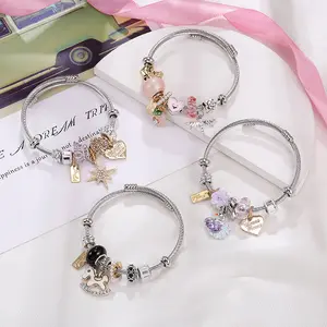 Duyizhao DIY Stainless Steel Bracelet Gold Eight-pointed Star Pink Love Crown Pony Beaded Bracelet Jewelry