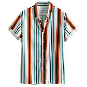 Verano Hawaii algodón rayas cómodo fresco casual impresión playa camisa para hombre