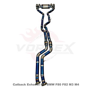 Sistema de escape Catback Vortex Luxury Titanium Valvetronic para F80 M3/F82 M4 S55 3.0L Twin Turbo con puntas cuádruples azules quemadas con corte en pie. - Product Image 3