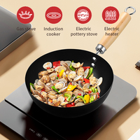 Wok en fer traditionnel fait à la main Poêle en acier au carbone antiadhésive avec couvercle en bois et poignée Poêle à wok à l'ancienne de style chinois
